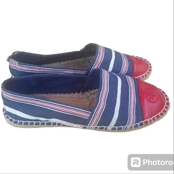 Tory Burch Nautical Blue Stripe Leather Cap Toe Jute Espadrilles Size 9 - Picture 3 of 8